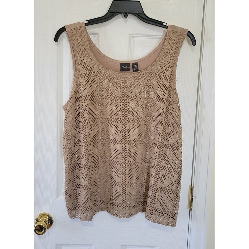 Travelers by Chicos Gold Metallic Crochet Front Tank Top Tan Sleeveless Size 3